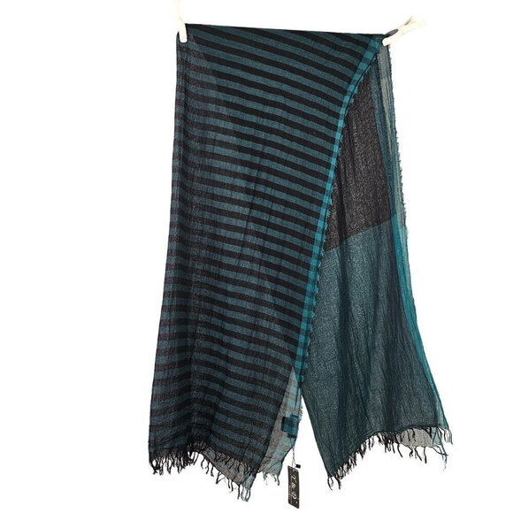 Y&D XL Cotton Blend Scarf Wrap Oblong Teal Black Stripe 2 Sided 34 X 80 in NWT - Picture 1 of 8